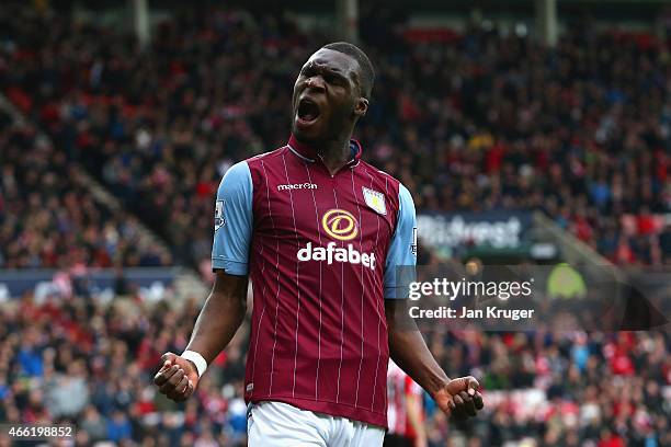 Christian Benteke of Aston Villa celebrates scoring their fourth goal during the Barclays Premier League match between Sunderland and Aston Villa at...