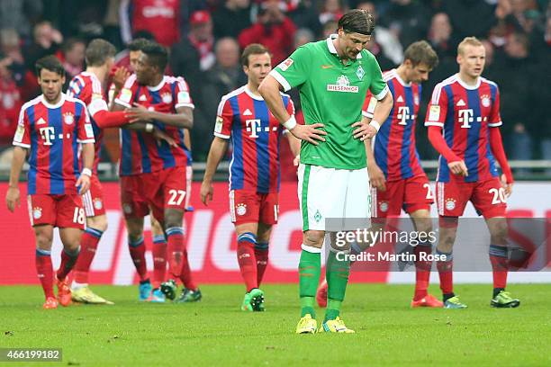 Sebastian Proedl of Bremen reacts during the Bundesliga match between SV Werder Bremen and FC Bayern Muenchen at Weserstadion on March 14, 2015 in...