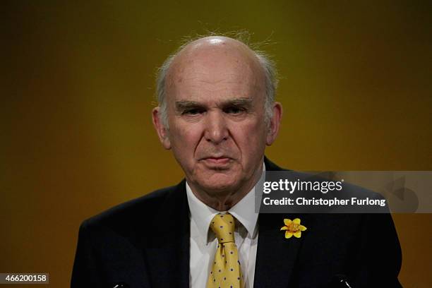 Liberal Democrat business secreatary Vince Cable delivers his keynote speech during the party's spring conference at the ACC on March 14, 2015 in...