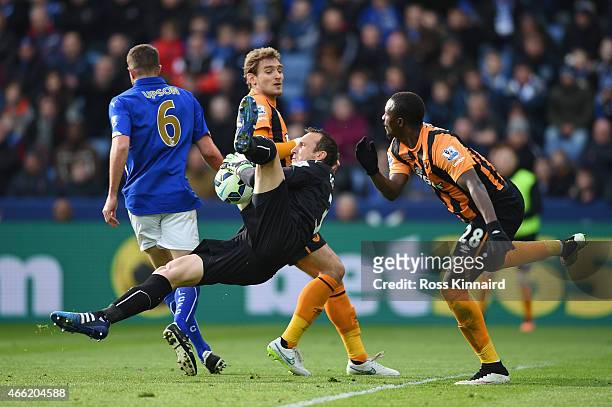 Mark Schwarzer of Leicester City makes a save during the Barclays Premier League match between Leicester City and Hull City at The King Power Stadium...