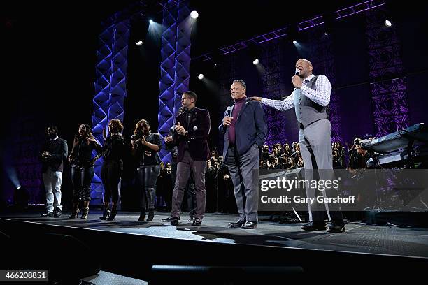 Papa San, Erica Atkins-Campbell, Tina Atkins-Campbell, Kierra Sheard, Doug E. Fresh, A. J. Calloway, Jesse Jackson and Donnie McClurkin speak onstage...