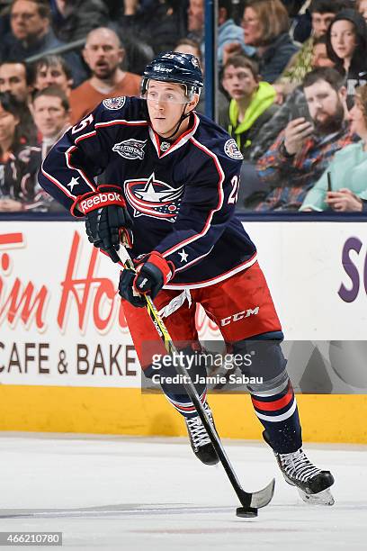 Luke Adam of the Columbus Blue Jackets skates against the Edmonton Oilers on March 13, 2015 at Nationwide Arena in Columbus, Ohio.