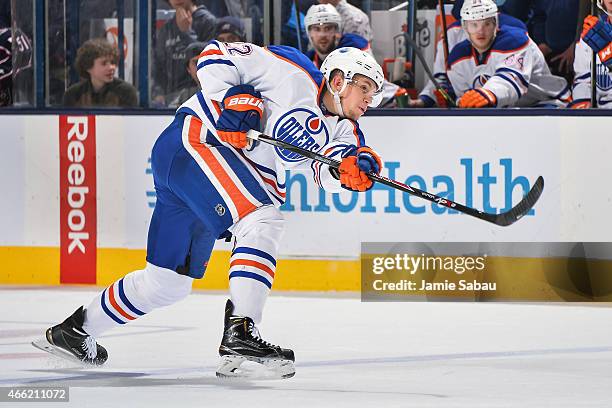 Keith Aulie of the Edmonton Oilers skates against the Columbus Blue Jackets on March 13, 2015 at Nationwide Arena in Columbus, Ohio.