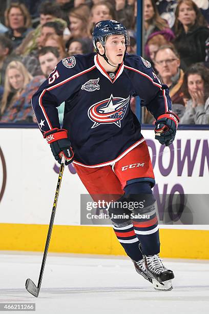 Luke Adam of the Columbus Blue Jackets skates against the Edmonton Oilers on March 13, 2015 at Nationwide Arena in Columbus, Ohio.