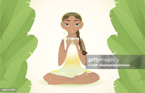 beauty woman with green tea (banana leafs). - banana leaves stock illustrations