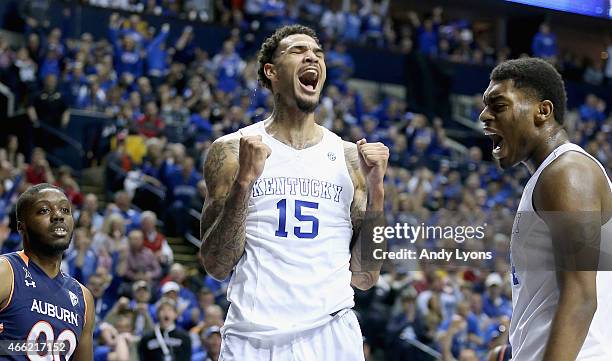 Willie Cauley-Stien of the Kentucky Wildcats celebrates against the Auburn Tigers during the SEC Basketball Tournament Semifinals at Bridgestone...