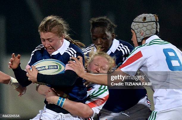 France's Julie Duval vies with Italy's Silvia Gaudino during the Women's Six Nations rugby union match between Italy and France at Comunale Stadium...