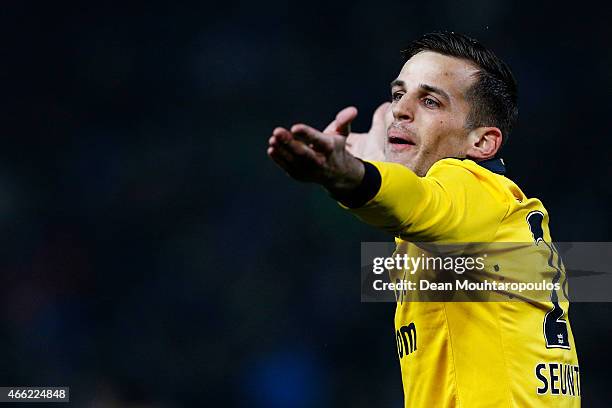 Mats Seuntjes of NAC reacts to a referee call during the Dutch Eredivisie match between NAC Breda and Go Ahead Eagles held at the Rat Verlegh Stadion...