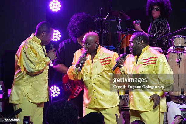 Eddie Levert, Walter Williams and Eric Grantr of the O'Jays perform onstage Time Warner Cable Studios And Aspire Bring Soul To The Big Game on...