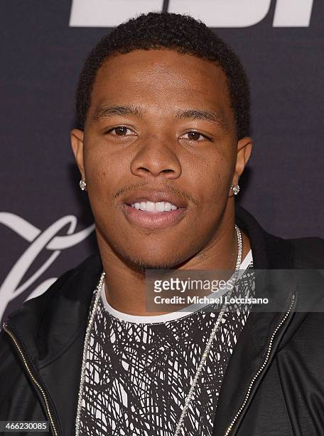 Player Ray Rice attends the ESPN The Party at Basketball City - Pier 36 - South Street on January 31, 2014 in New York City.