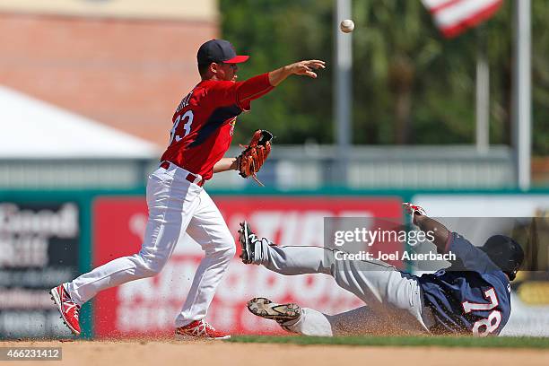 Aledmys Diaz of the St Louis Cardinals turns the double play getting Heiker Meneses of the Minnesota Twins out at second base to end the top of the...