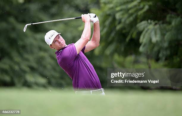 John Mallinger of the USA hits a shot during the third round of the 2015 Brasil Champions Presented by HSBC at the Sao Paulo Golf Club on March 14,...