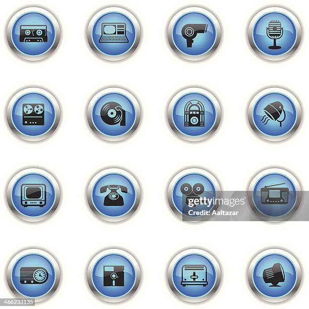 blue icons - retro electronics - jukebox stock illustrations