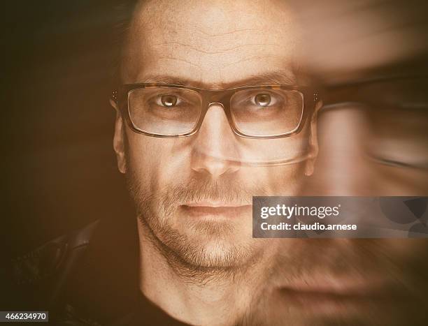 double exposure of man portrait - midlife crisis stock pictures, royalty-free photos & images