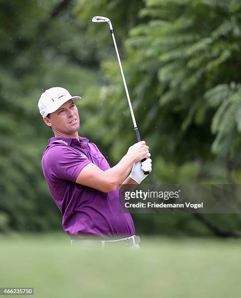 John Mallinger of the USA hits a shot during the third round of the 2015 Brasil Champions Presented by HSBC at the Sao Paulo Golf Club on March 14,...