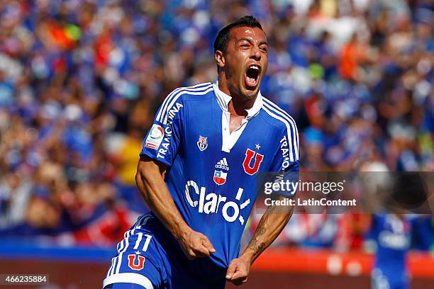 Sebastian Ubilla of Universidad de Chile celebrates after scoring the first goal of his team during a match between U de Chile and Colo Colo as part...