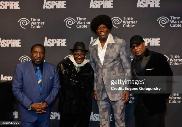 Magic Johnson, Eddie Levert, Walter Williams and Eric Grant of the O'Jays attend Time Warner Cable Studios And Aspire Bring Soul To The Big Game on...