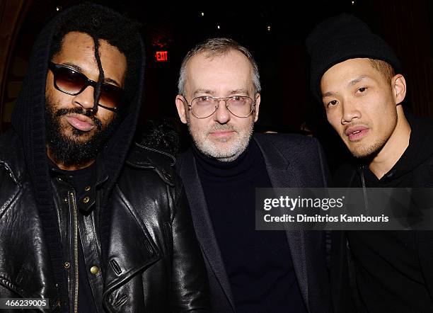 Fashion designer Maxwell Osborne, GQ Creative Director Jim Moore, and fashion designer Dao-Yi Chow attends the GQ Super Bowl Party 2014 sponsored by...