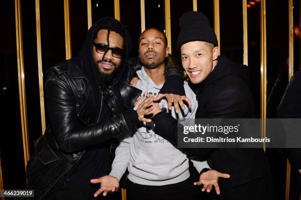 Fashion designer Maxwell Osborne, actor Michael B. Jordan, and fashion designer Dao-Yi Chow attends the GQ Super Bowl Party 2014 sponsored by Patron...