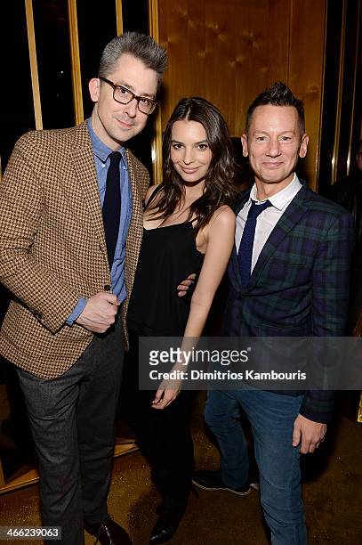 Deputy editor Michael Hainey, model Emily Ratajkowski, and editor-in-chief of GQ Jim Nelson attend the GQ Super Bowl Party 2014 sponsored by Patron...