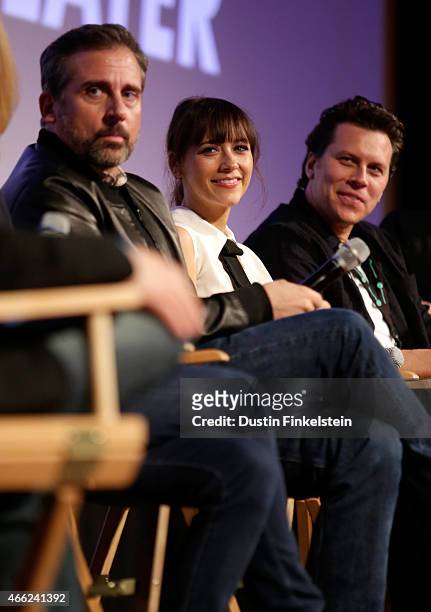 Writer/director/producer Steve Carell, actress Rashida Jones and actor Hayes MacArthur speak onstage at the premiere of "Angie Tribeca" during the...
