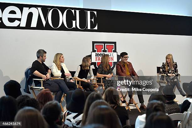 Brandon Maxwell, Erin Hoover, Jessica Minkoff, Marina Larroude, Andrew Bevan and Teen Vogue Editor in Chief Amy Astley speak during Teen Vogue's 10th...