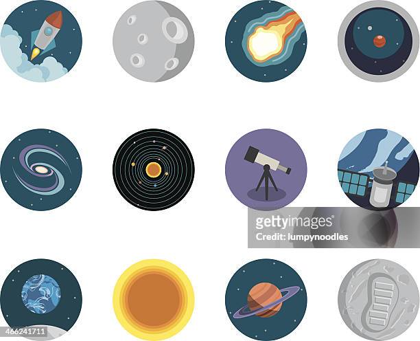 ilustraciones, imágenes clip art, dibujos animados e iconos de stock de astronomía circle iconos - footprint moon