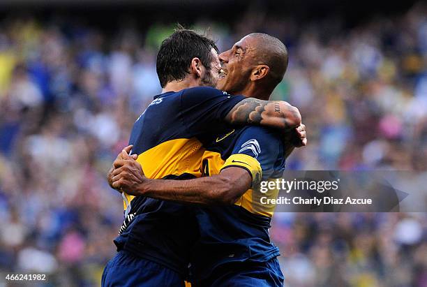 Daniel Diaz of Boca Juniors and Marco Torsiglieri celebrate a goal during a match between Boca Juniors and Defensa y Justicia as part of round 5 of...