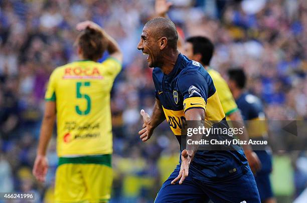 Daniel Diaz of Boca Juniors celebrates after scoring the first goal during a match between Boca Juniors and Defensa y Justicia as part of round 5 of...