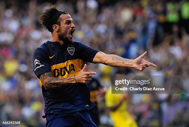 Daniel Osvaldo of Boca Juniors celebrates after scoring the second goal during a match between Boca Juniors and Defensa y Justicia as part of round 5...