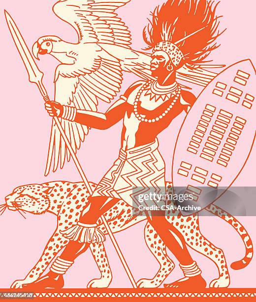 african warrior with bird and cheetah - leopard stock illustrations