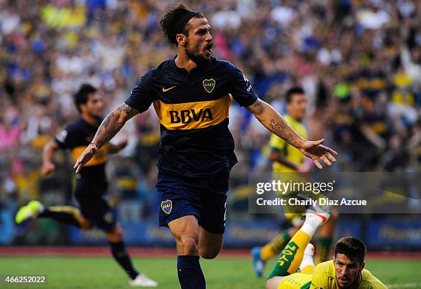 Daniel Osvaldo of Boca Juniors celebrates after scoring the second goal during a match between Boca Juniors and Defensa y Justicia as part of round 5...