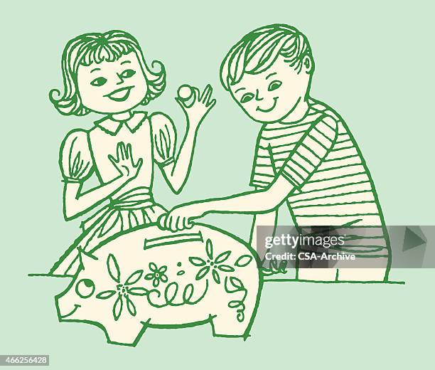 kids putting money into piggy bank - kid piggy bank stock illustrations