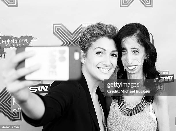 Activist Alexis Jones and Lizzie Velasquez arrive at the premiere of "A Brave Heart: The Lizze Velasquez Story" at Paramount Theatre on March 14,...