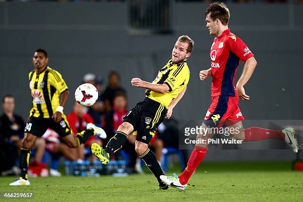 Jeremy Brockie of Wellington shoots at goal during the round 17 A-League match between Wellington Phoenix and Adelaide United at Eden Park on...
