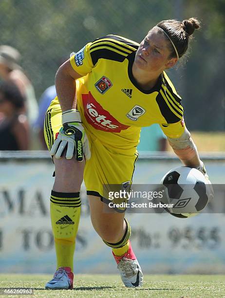 Goalkeeper Brianna Davey of the Victory looks to pass the ball during the round 11 W-League match between Melbourne Victory and Perth Glory on...