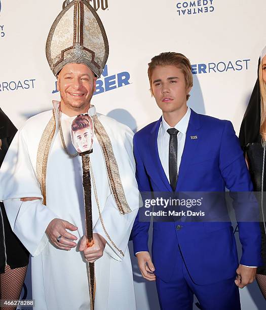 Comedian Jeff Ross and honoree Justin Bieber attend The Comedy Central Roast of Justin Bieber at Sony Pictures Studios on March 14, 2015 in Los...