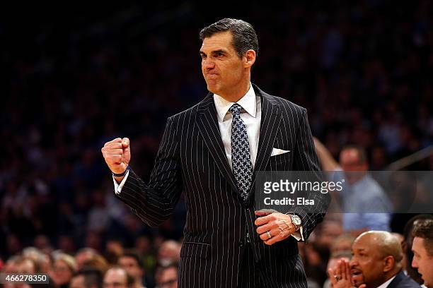 Head coach Jay Wright of the Villanova Wildcats reacts on the bench against the Xavier Musketeers during the championship game of the Big East...