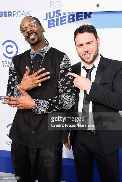 Recording artist Snoop Dogg and talent manager Scooter Braun attend The Comedy Central Roast of Justin Bieber at Sony Pictures Studios on March 14,...