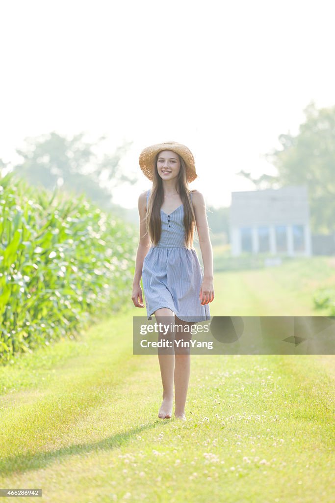 Wholesome Farm Girl Walking Along the Field