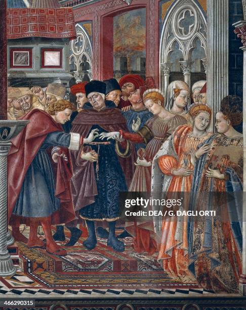 Welcoming, education and marriage of a girl from the hospital, 1441-1442, fresco by Domenico di Bartolo , Pellegrinaio di Santa Maria della Scala ,...