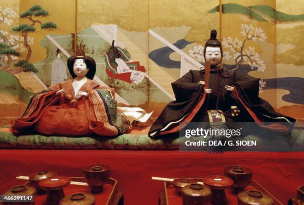 Hina dolls, made ??in washi, traditional Japanese paper, wearing refined, elegant clothing, noble or royal family of the Heian period, Kurashiki,...