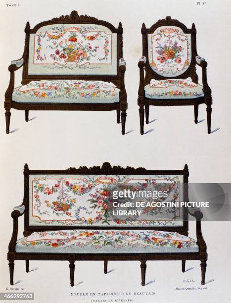 Eighteenth century armchairs and sofa in tapestry from Beauvais, illustration from the Dictionnaire de l'ameublement et de la decoration XIIIth...