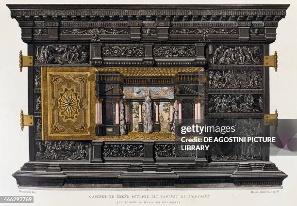 Seventeenth century odyssey cabinet in ebony, illustration from the Dictionnaire de l'ameublement et de la decoration XIIIth depuis le siecle jusqu'a...