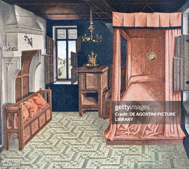 Fifteenth century bedroom, engraving inspired by the Annunciation, ca 1440, triptych by Rogier van der Weyden , from Dictionnaire de l'ameublement et...