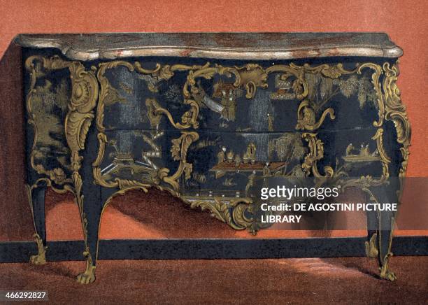 Eighteenth century chest of drawers in Chinese lacquer and gilt bronze, illustration from the Dictionnaire de l'ameublement et de la decoration...