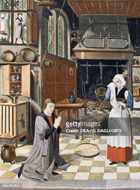 Fifteenth century kitchen interior, copy of the 16th century Miracle du Tamis panel by the school of the Southern Netherlands, from Dictionnaire de...