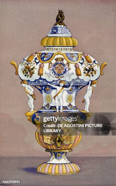 Majolica fountain in Rouen with coat of arms of Montmorency-Luxembourg, 18th century, illustration from the Dictionnaire de l'ameublement et de la...
