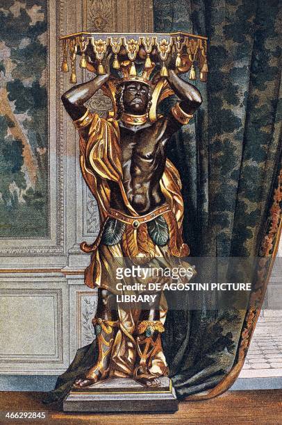 Gilded wood gueridon with stand in the shape of a Moor, 17th century, illustration from the Dictionnaire de l'ameublement et de la decoration XIIIth...