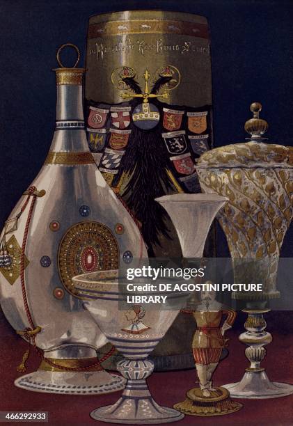 Glasses and glass bottles, engraving from the Dictionnaire de l'ameublement et de la decoration , Volume II by Henry Havard .
